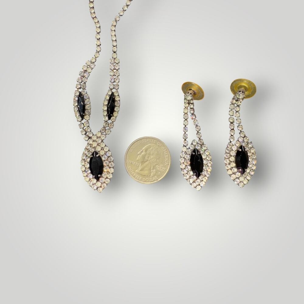 1950s 1960s Rhinestone Necklace Earrings Set Black Glass Teardrop Dangle - Picture 8 of 8